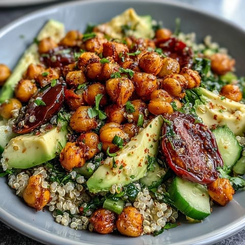 Vibrant lemon vinaigrette grain bowls with roasted chickpeas, fresh veggies, and avocado slices.  