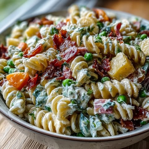 Hawaiian pasta salad with ham, pineapple, and ranch in a creamy, tropical dressing, garnished with fresh parsley.  