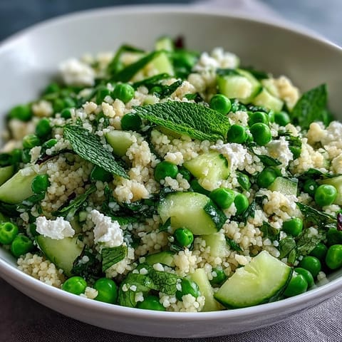Spring Pea and Mint Couscous Salad with fresh peas, herbs, and lemon dressing, perfect for a light vegetarian side dish.