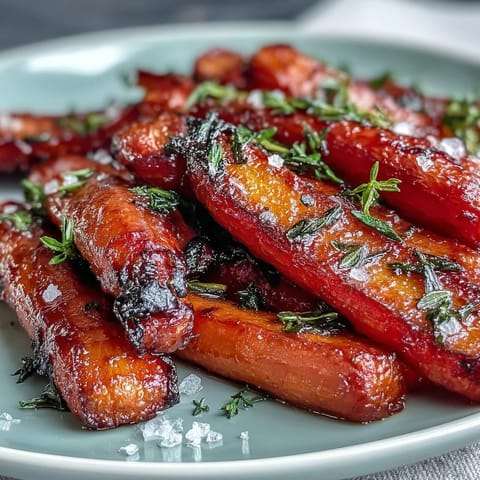 Honey Glazed Roasted Carrots with Thyme—golden and tender, glistening with a sweet honey glaze and fresh thyme sprigs.