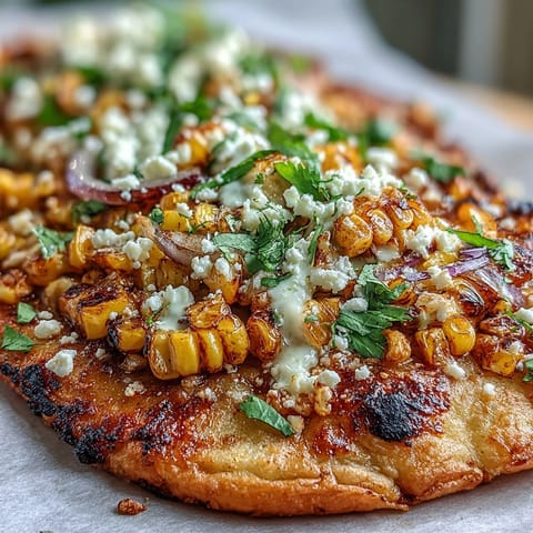 Mexican-inspired flatbread topped with smoky grilled corn, fresh cilantro, and creamy jalapeño sauce, perfect for festive gatherings.  