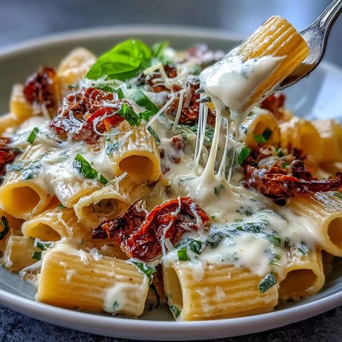 Creamy Marry Me Pasta with sun-dried tomatoes and parmesan in a rich sauce, garnished with fresh basil.