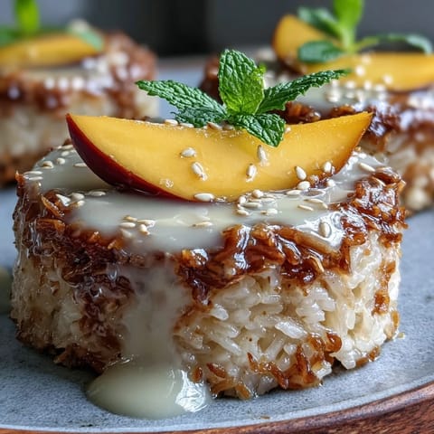 2. Individual servings of sweet sticky rice drizzled with coconut sauce and garnished with fresh mango, sesame seeds, and mint.