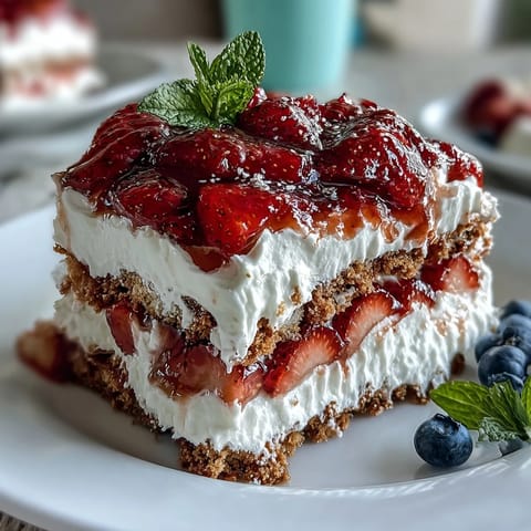 Festive no-bake icebox cake with fresh strawberries, whipped cream, and graham crackers—perfect for Memorial Day gatherings.