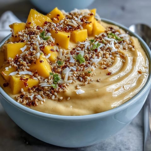 Vibrant mango chili lime smoothie bowl with creamy mango base, topped with fresh kiwi, granola, and coconut for a refreshing breakfast.
