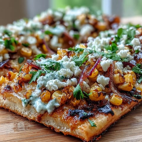 Vibrant Cinco de Mayo street corn flatbread with charred corn, cotija cheese, and jalapeño crema drizzled on top.  