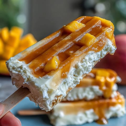 Creamy vegan mango coconut popsicles, a tropical delight, ready for hot summer days.