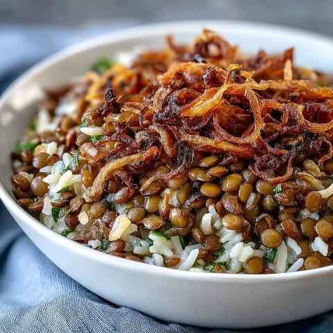 Hearty Levantine Mujadara recipe, a comforting vegetarian dish topped with crunchy fried onions.