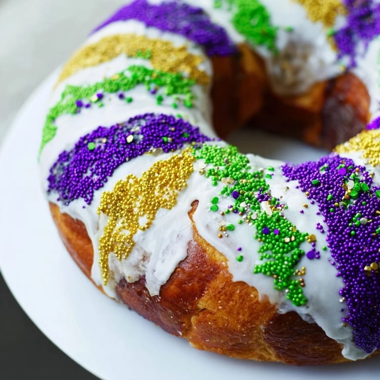 Freshly baked King Cake, soft and sweet with cinnamon swirls, ready for festive celebrations.