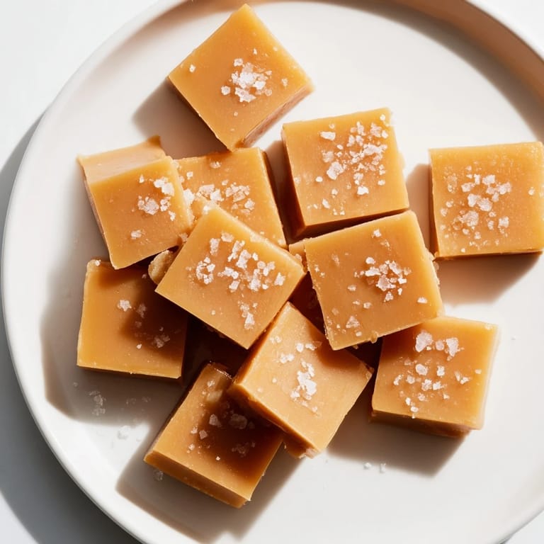 Close-up of perfectly cut sea salt caramels, showcasing their soft, chewy texture and flaky salt.