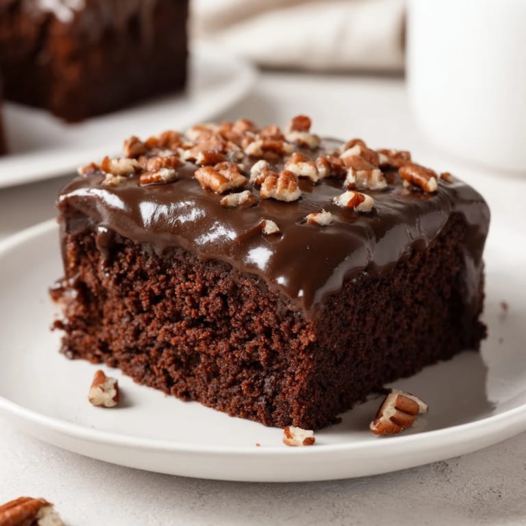 Close-up of freshly baked Texas sheet cake, generously iced with pecans, a Southern favorite.