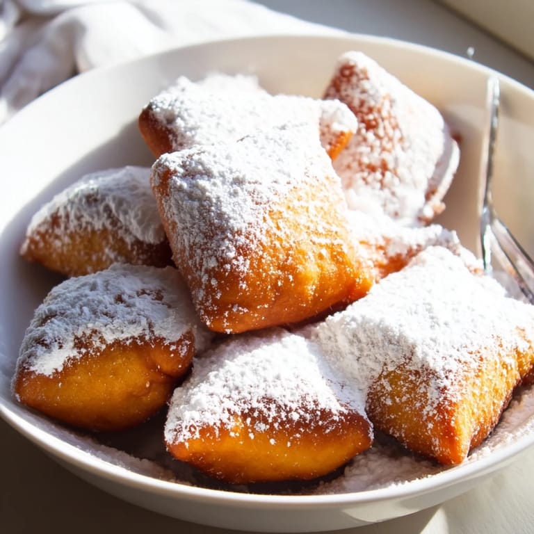 Warm, soft beignets, a classic New Orleans dessert, piled high and coated in sweet snow.