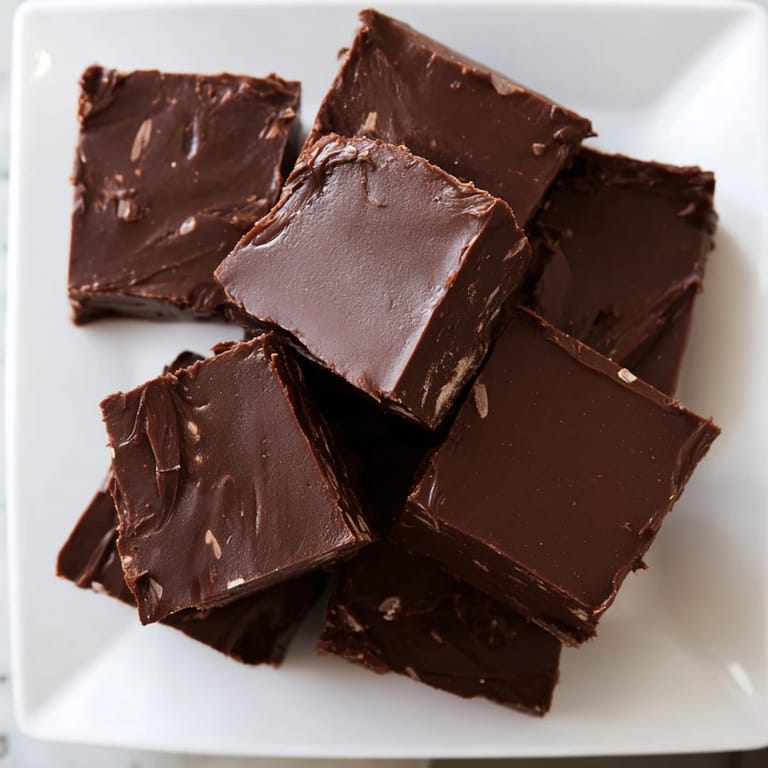 Close-up of decadent, homemade chocolate fudge with a smooth, glossy texture and inviting aroma.