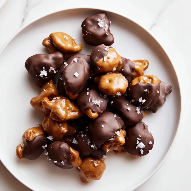 Close-up of freshly made pretzel candy clusters, showing a delectable mix of chocolate and caramel.