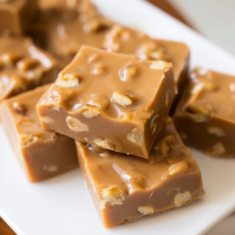 Warm, creamy Penuche Fudge glistens, a perfect sweet treat with a melt-in-your-mouth texture.