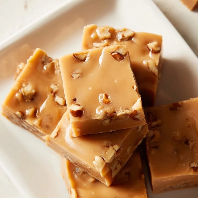 Homemade Penuche Fudge squares ready to be served, a classic American dessert for any occasion.