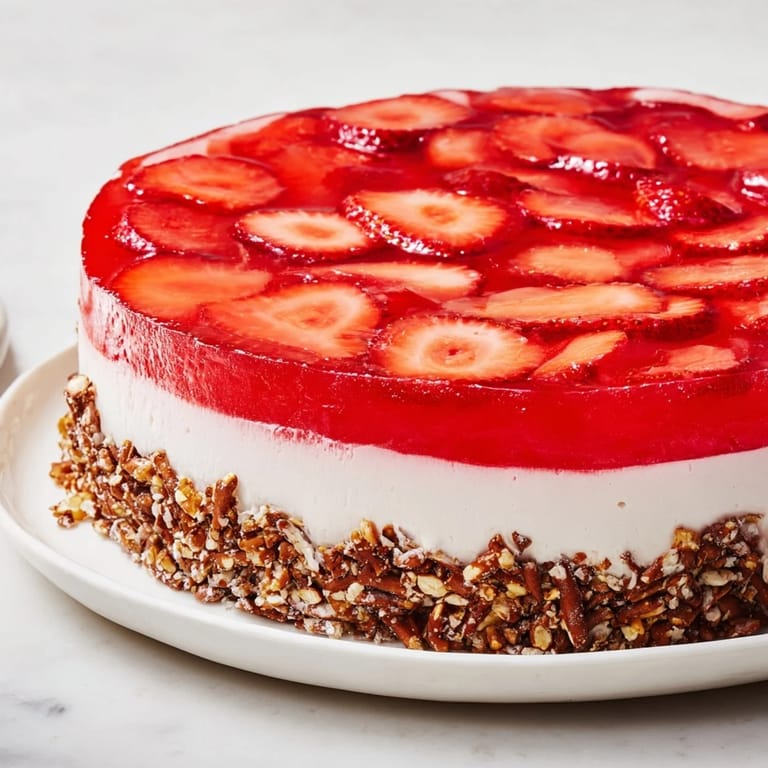 Fresh, juicy strawberries top a vibrant Strawberry Pretzel Salad, ready to be cut and enjoyed at a gathering.
