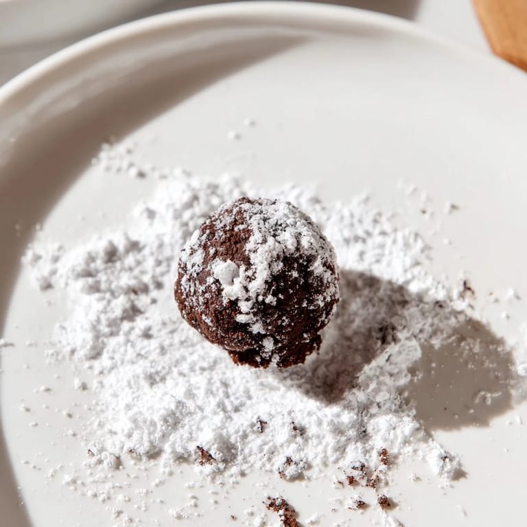 Fudgy, no-bake Mud Balls, perfectly round and coated in sweet powdered sugar ready to eat.
