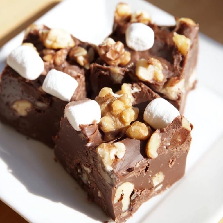 A close-up of finished Rocky Road Fudge, a rich dessert cut into perfectly square pieces.