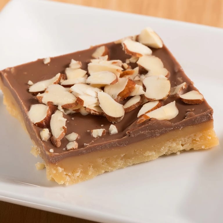 Crispy, homemade English Toffee with a glossy chocolate top, scattered with savory almond pieces.