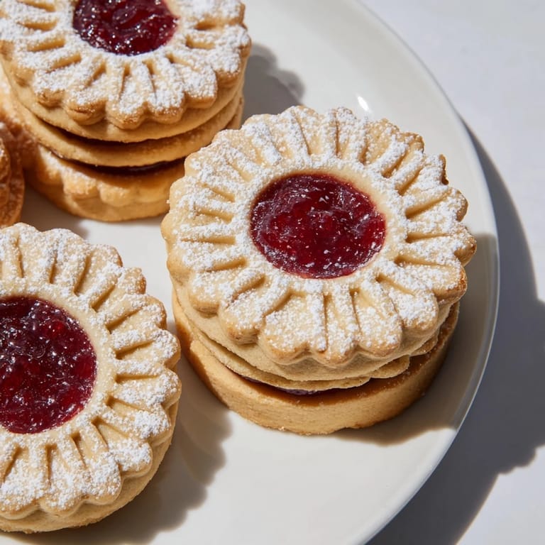 Freshly baked Linzer Cookies, dusted with powdered sugar, offering a perfect balance of textures and flavors.