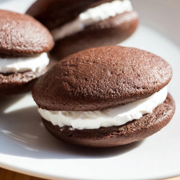 A close-up of soft, round chocolate Whoopie Pies stacked, showcasing the sweet cream center.