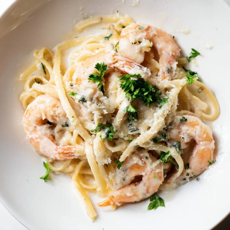 Plump pink shrimp and tender linguine in a velvety garlic cream sauce, finished with fresh parsley and lemon wedges.