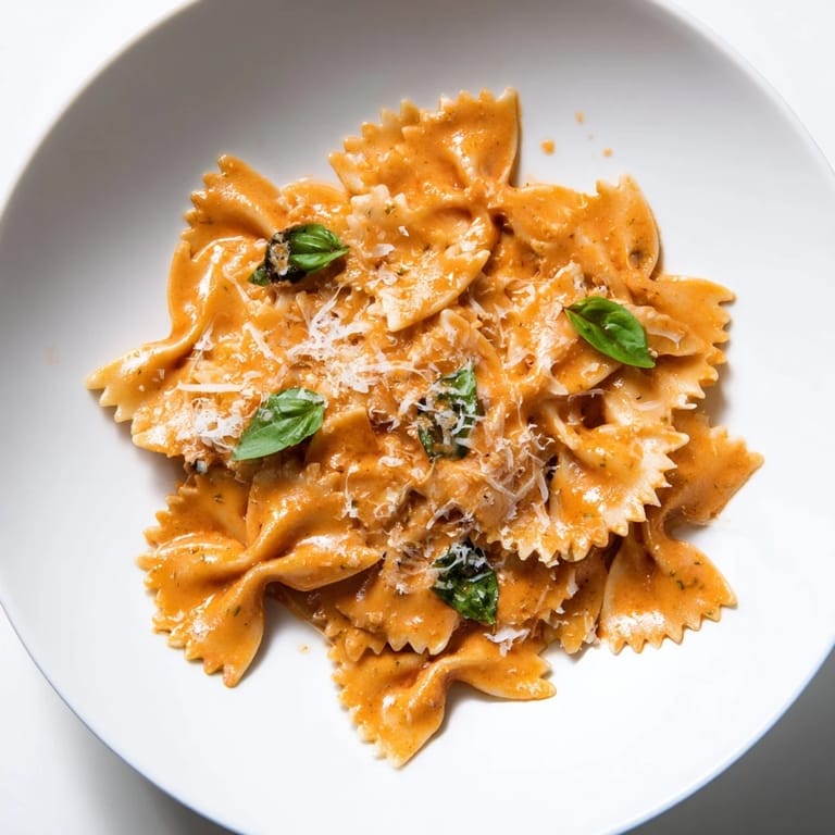 A close-up view shows bowtie pasta coated in rich tomato basil sauce, with melted Parmesan on top.