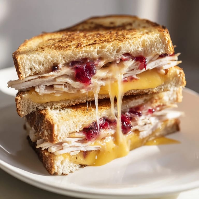 A warm, melted smoked turkey grilled cheese sandwich with golden crust and cranberry spread visible between layers.