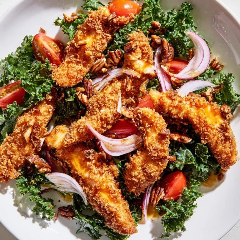 A close-up of Crispy Chicken Kale Salad shows crunchy panko-coated chicken pieces, toasted pecans, and glistening dressing on hearty kale leaves.