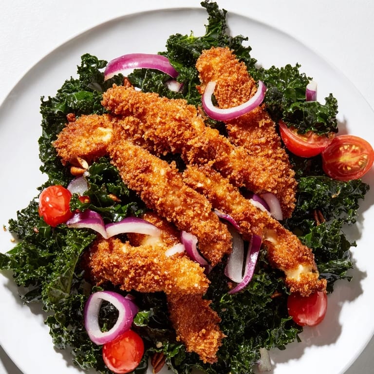 Perfect for a hearty lunch, this Crispy Chicken Kale Salad features golden chicken, fresh greens, and a tangy sweet dressing.
