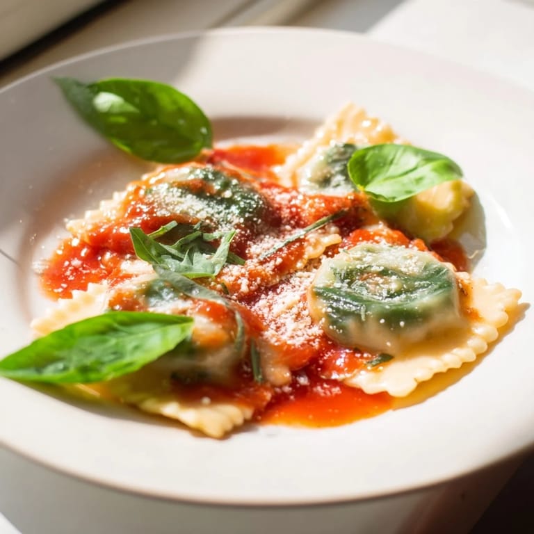 Freshly made spinach ricotta ravioli swimming in a rich red tomato sauce, garnished with parmesan and a drizzle of olive oil.