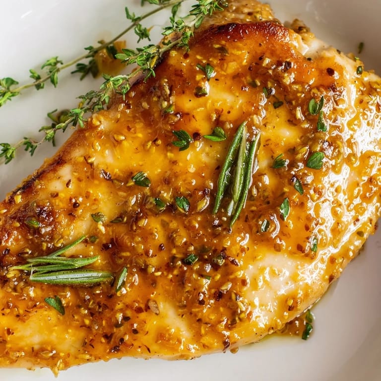 Juicy Honey Dijon Chicken Skillet served alongside roasted vegetables, showcasing tender meat and a glossy, herb-infused sauce.