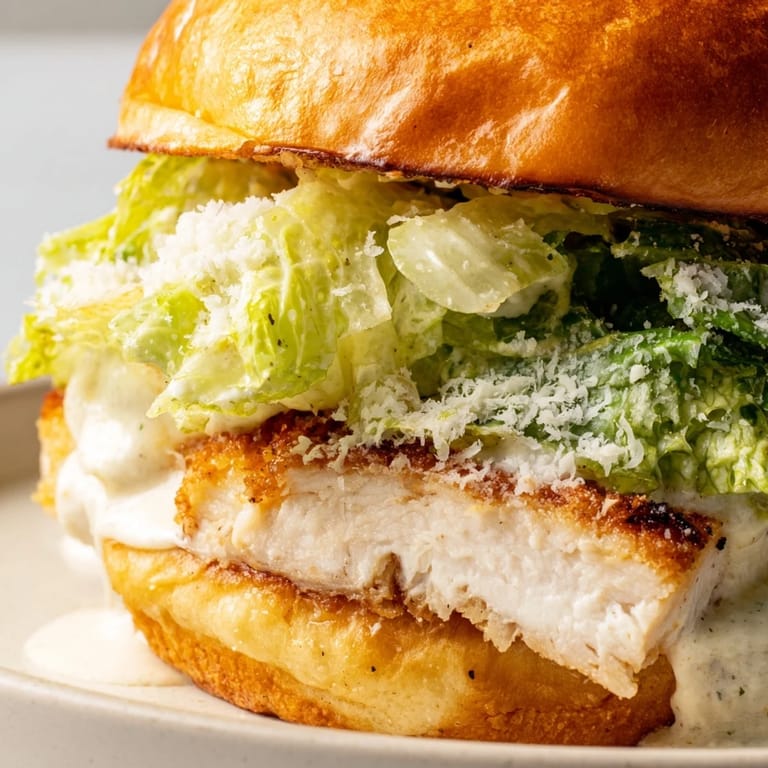 Close-up of a Caesar Chicken Sandwich featuring juicy chicken, shaved Parmesan, and fresh greens between a buttery toasted bun.  