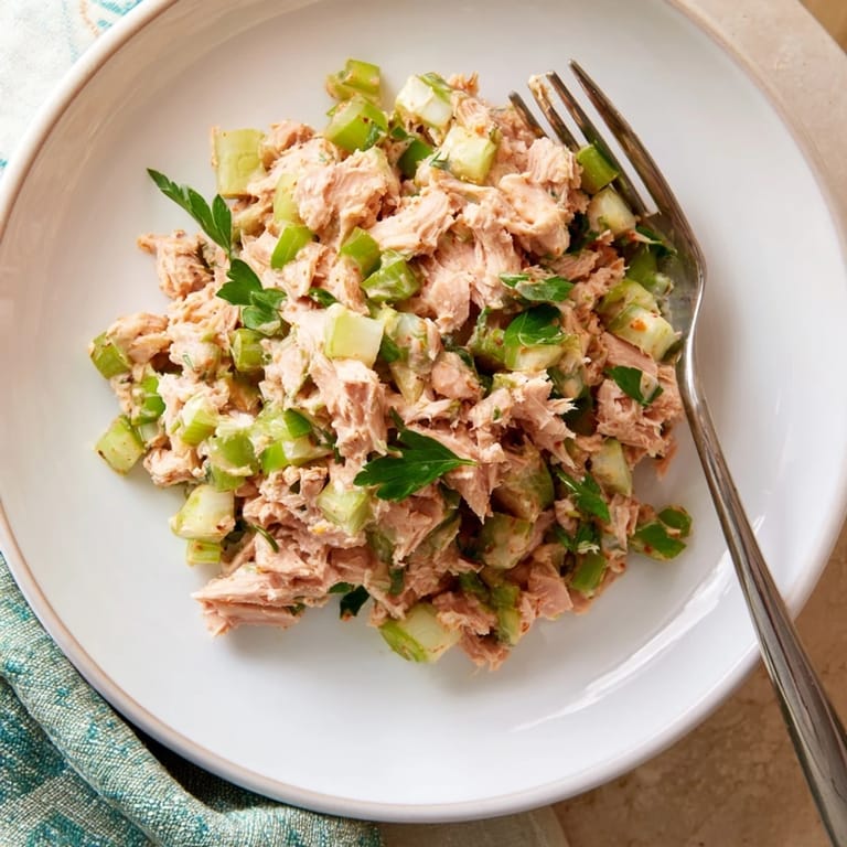 Spicy Zesty Tuna Salad in a rustic ceramic bowl, mixed with crisp celery and onions, ready to be scooped into lettuce wraps.