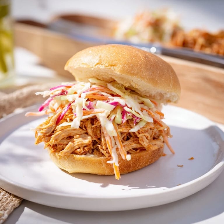 A close-up view of a juicy pulled chicken sandwich, piled high with tangy barbecue sauce and creamy slaw on a toasted bun.  