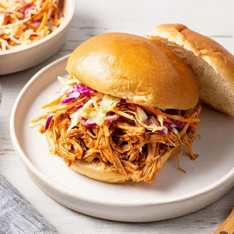 Serving suggestion for a pulled chicken sandwich: golden buns stacked with shredded barbecue chicken and crisp, refreshing coleslaw.