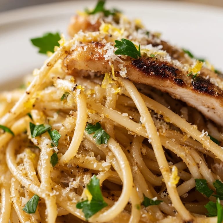 Savory Brown Butter Lemon Chicken Pasta glistening with sauce, served with lemon wedges and a sprinkle of Parmesan.  