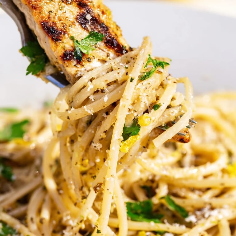 Italian-inspired Brown Butter Lemon Chicken Pasta on a white plate, garnished with herbs and ready to enjoy.