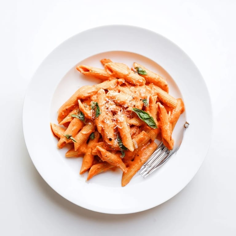 Close-up of Creamy Roasted Red Pepper Pasta garnished with chopped basil and extra Parmesan, beside a glass of white wine for dinner.