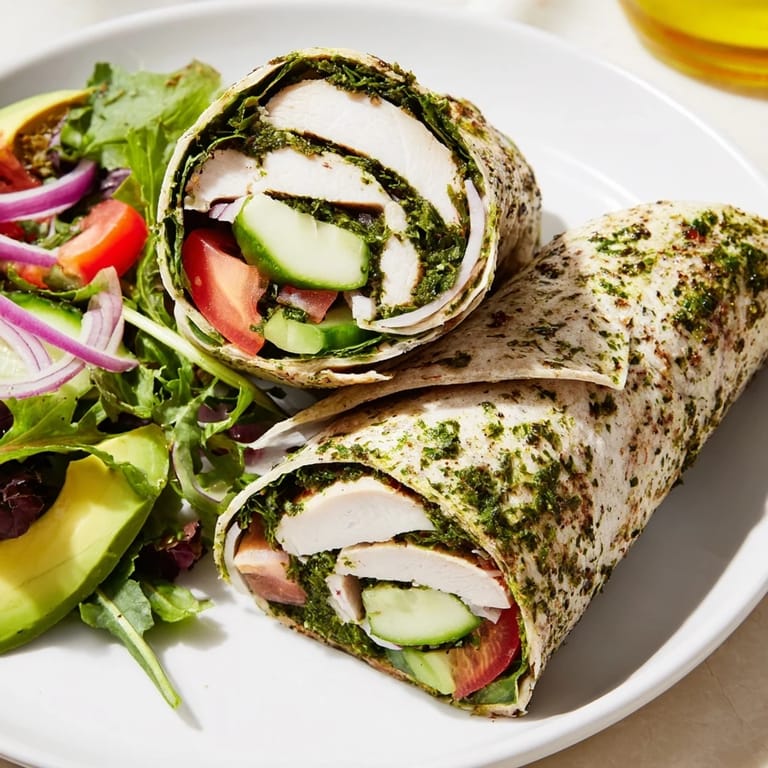 Fresh chimichurri chicken salad wrap with tender herb-marinated chicken, crunchy vegetables, and zesty lime notes, sliced on a plate for a satisfying meal.