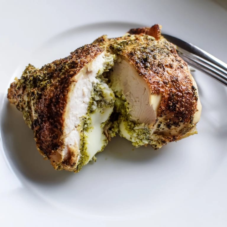 Fresh basil leaves garnish the cross-section of a Mozzarella & Pesto Stuffed Chicken, revealing the vibrant green pesto and gooey mozzarella interior.