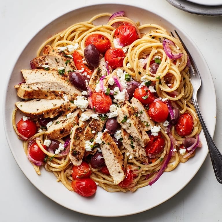 Greek Chicken Spaghetti plated on a dinner table with lemon wedges, feta crumbles, and a glass of wine.