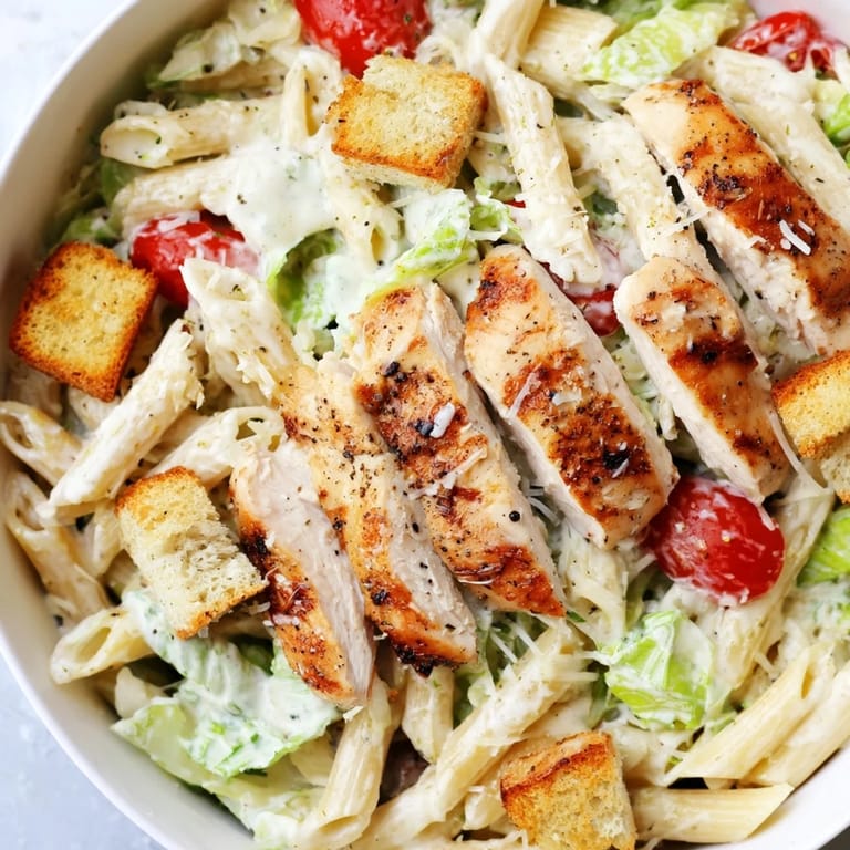 Savory grilled chicken, fresh romaine, and garlic croutons fill this Caesar pasta bowl, perfect for lunch or dinner.