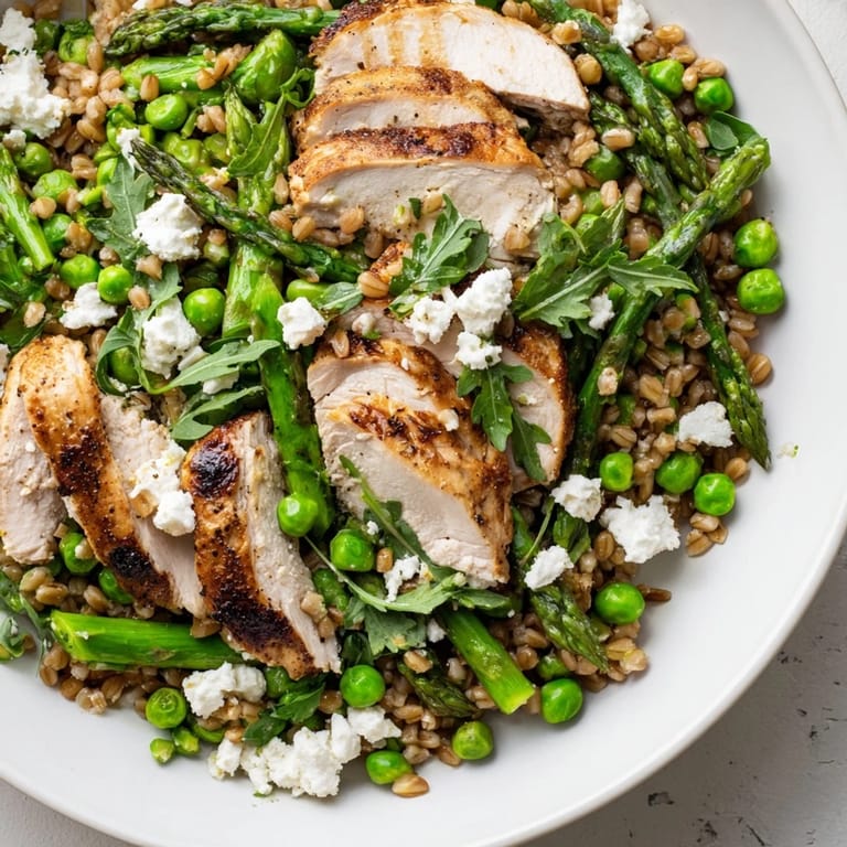 Warm grains meet juicy chicken and peas, dressed with zesty lemon vinaigrette for a refreshing meal.