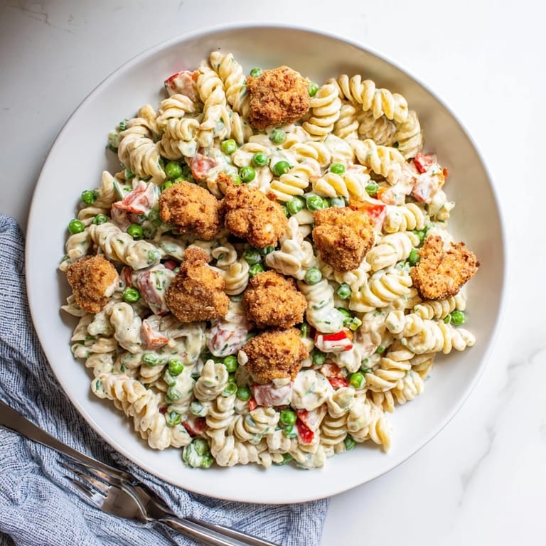Plated Crispy Chicken Ranch Pasta Salad features tender pasta and crispy chicken, garnished with fresh dill and parsley, perfect for a refreshing lunch or quick weeknight meal.