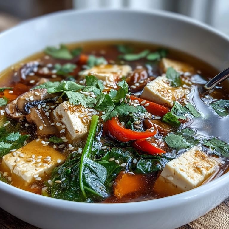 Silky tofu cubes and vibrant vegetables rest in a clear broth for this quick, savory Tofu and Vegetable Soup.
