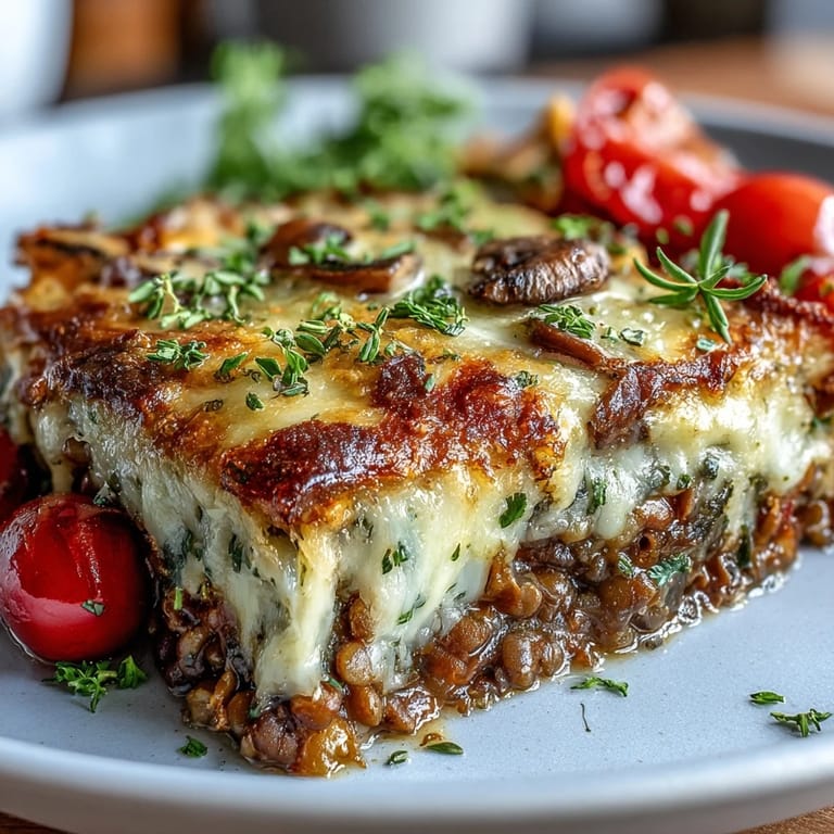 Freshly baked Green Lentil and Vegetable Casserole served with a slice of crusty bread on the side, ready to enjoy.