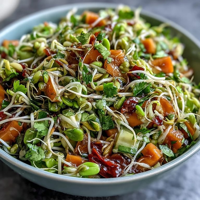 Close-up of Sprouted Seed Salad showing grated carrot, juicy tomato, and vibrant sprouts lightly coated in zesty lemon vinaigrette.