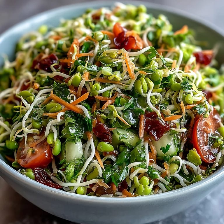 Healthy bowl of Sprouted Seed Salad featuring crisp sprouts, cucumber, and bell pepper, ready to serve as a refreshing vegan side dish.